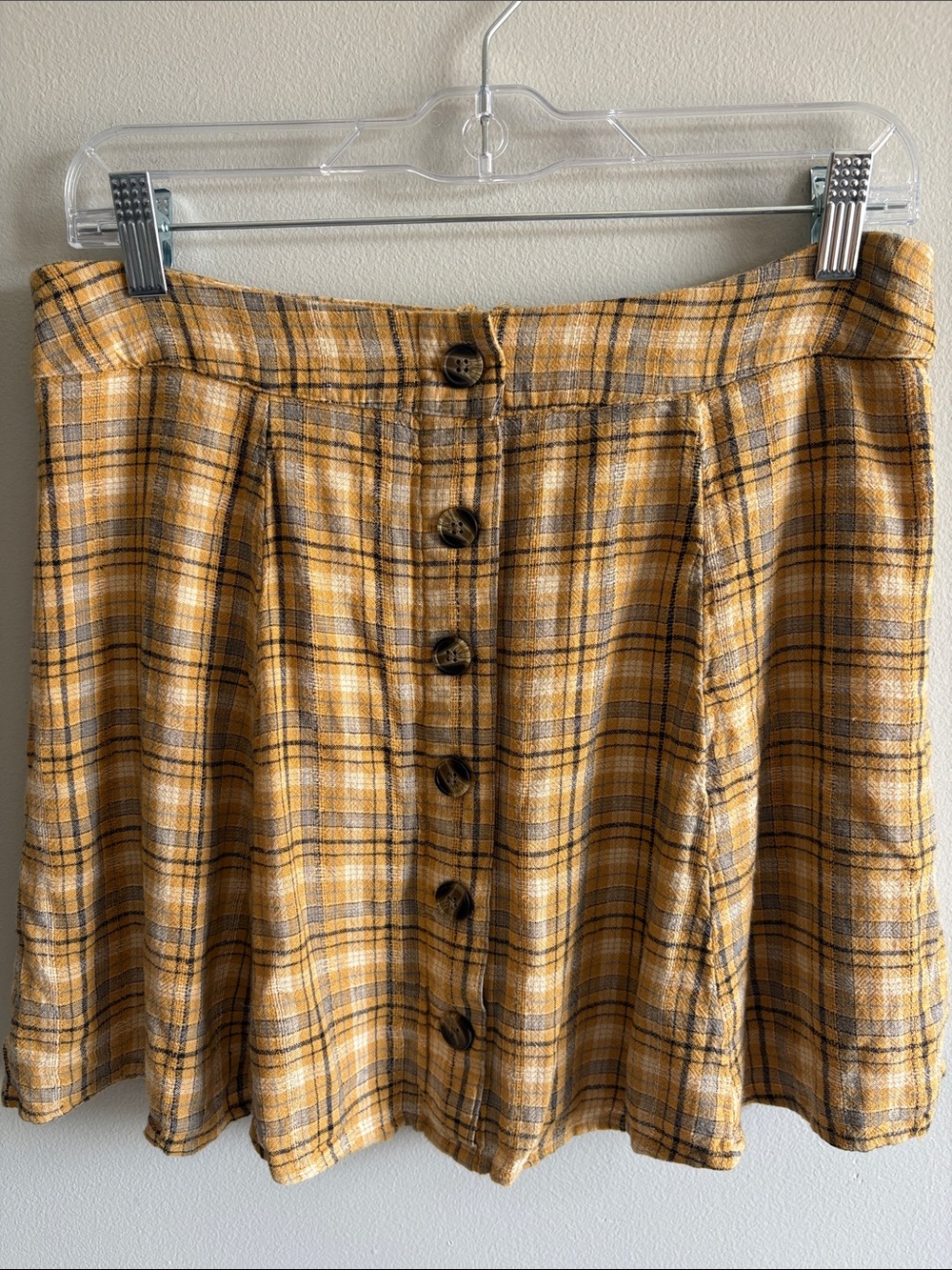 American Eagle Mustard Plaid Button Front Mini‎ Skirt M
